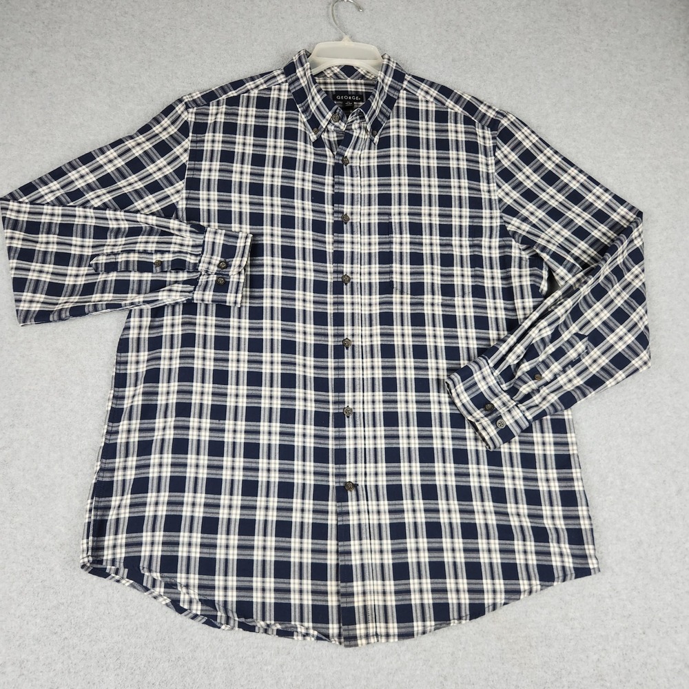 George Casual Shirt Men Large Navy Plaid Cotton Long Sleeve Collared Button Down